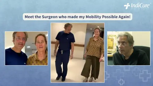 A New Zealand patient, Susan Rebergen, walking freely and smiling with her surgeon in the hospital hallway just 48 hours after her knee replacement surgery in India.